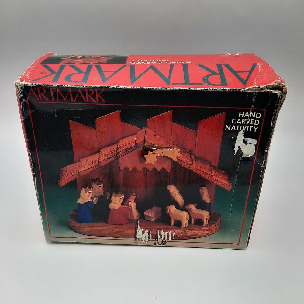 1988 Artmark Hand Carved Wood Nativity Scene Vtg Christmas Collectible Decor